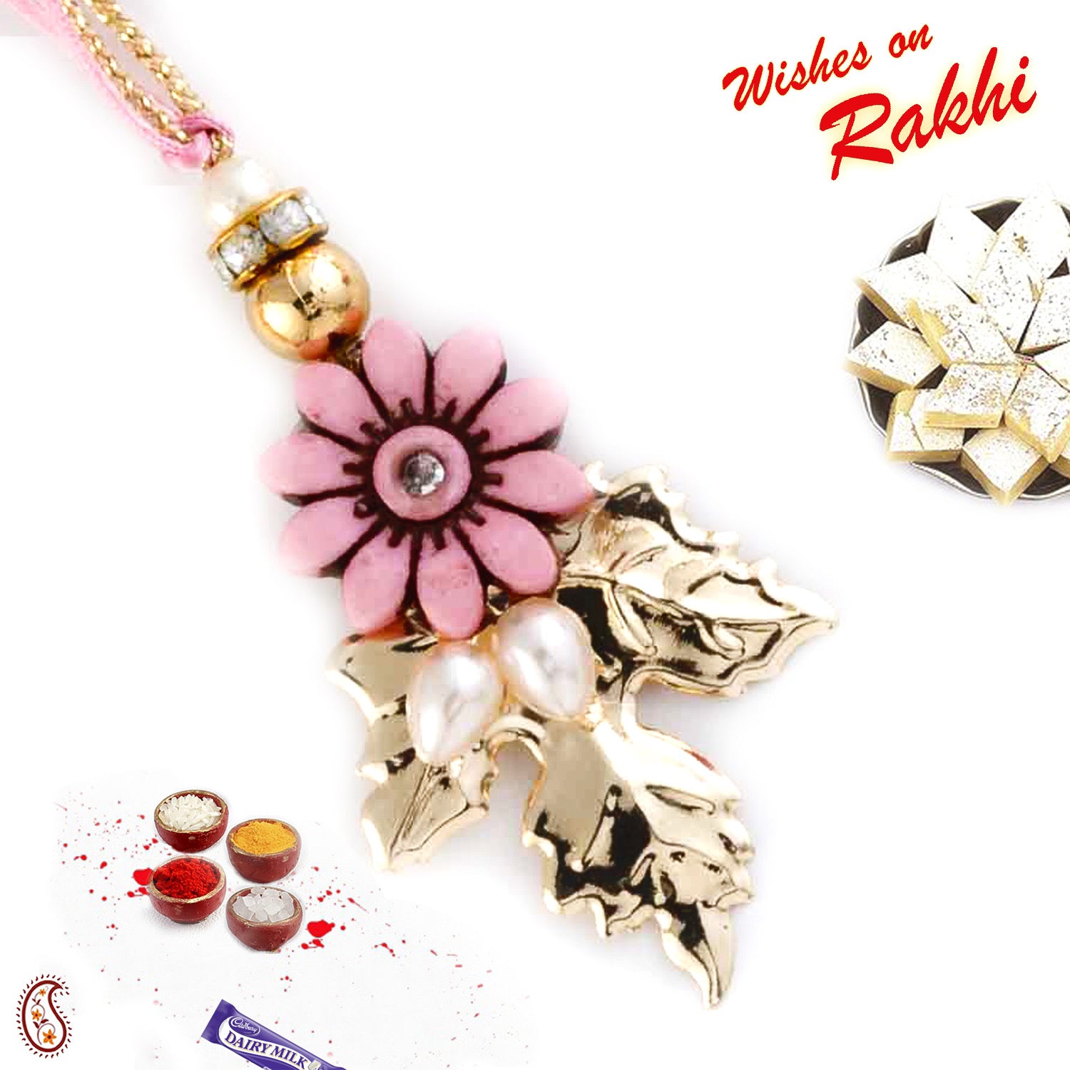 Aapno Rajasthan Pink Floral Style Beads Embellished Lumba Rakhi - Default Title (LM171124)