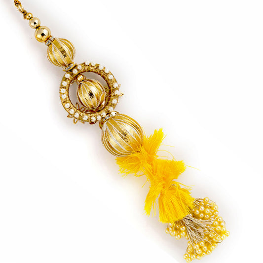 Aapno Rajasthan Yellow Dangling Beads Embellished Lumba Rakhi - Default Title (LM171175)