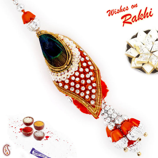 Aapno Rajasthan Peacock Feather Embellished Orange Beads Lumba Rakhi - Default Title (LM171183)