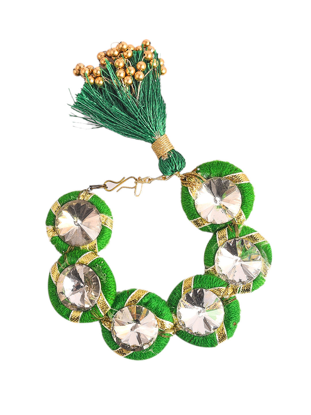 Aapno Rajasthan AD stud Green Gota Traditional Lumba Rakhi with Golden Beads - Only Rakhi (LM1902_J23)