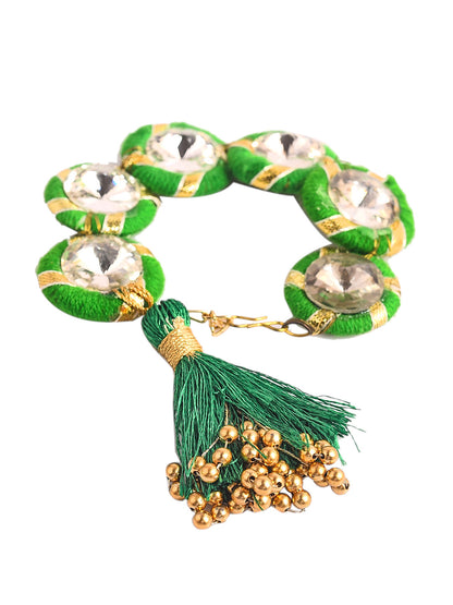 Aapno Rajasthan AD stud Green Gota Traditional Lumba Rakhi with Golden Beads - Only Rakhi (LM1902_J23)