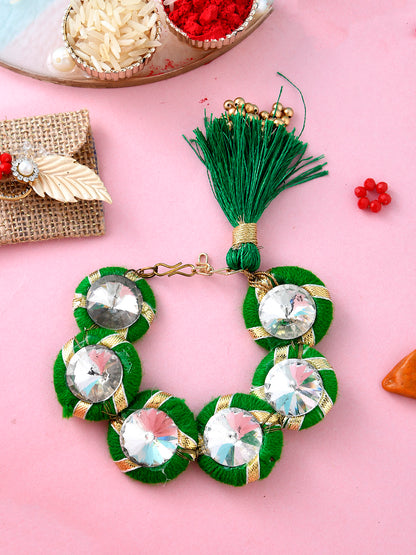 Aapno Rajasthan AD stud Green Gota Traditional Lumba Rakhi with Golden Beads - Only Rakhi (LM1902_J23)