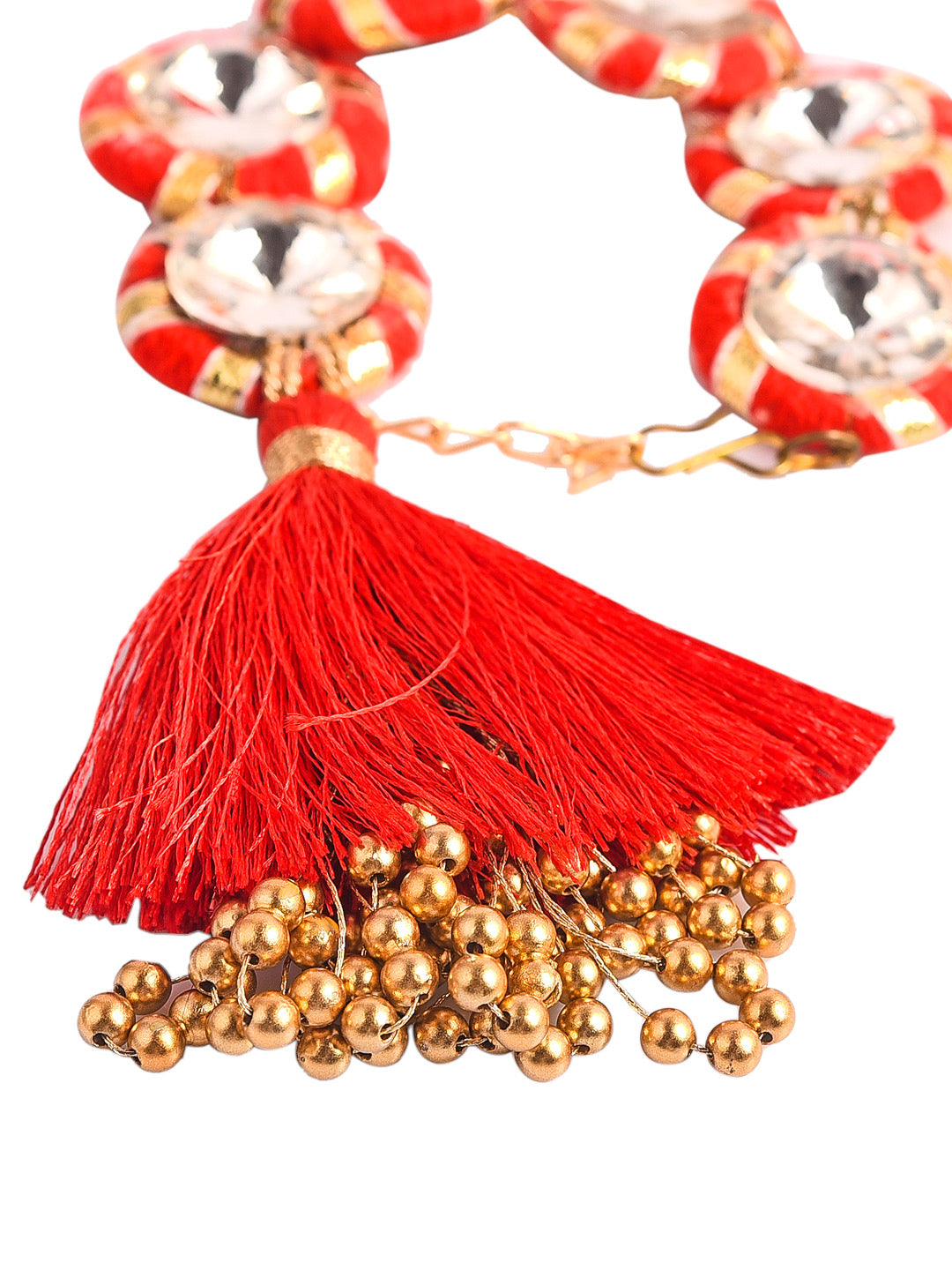 Aapno Rajasthan AD stud Red Gota Traditional Lumba Rakhi with Golden Beads - Only Rakhi (LM1903_J23)