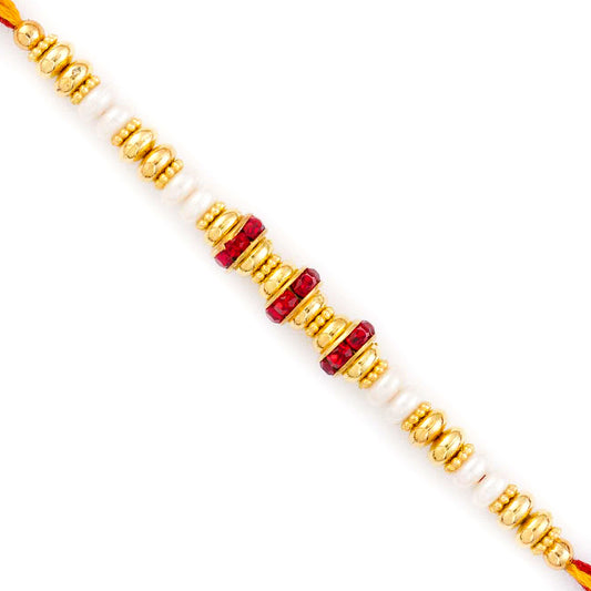 Aapno Rajasthan Golden Beads & White Pearl Thread Rakhi - Default Title (PRL17516)