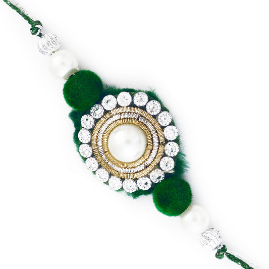 Aapno Rajasthan Green & White Crystal Rakhi with Zardozi Work - Default Title (PRS17132)