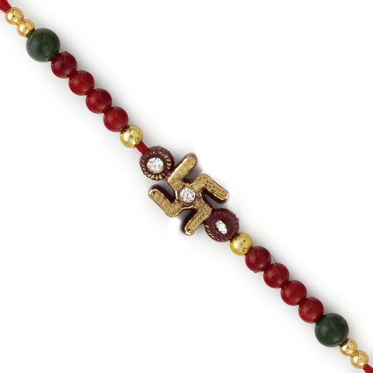 Aapno Rajasthan Maroon & Green Beads Mauli Rakhi with Swastik - Default Title (PRS1717)