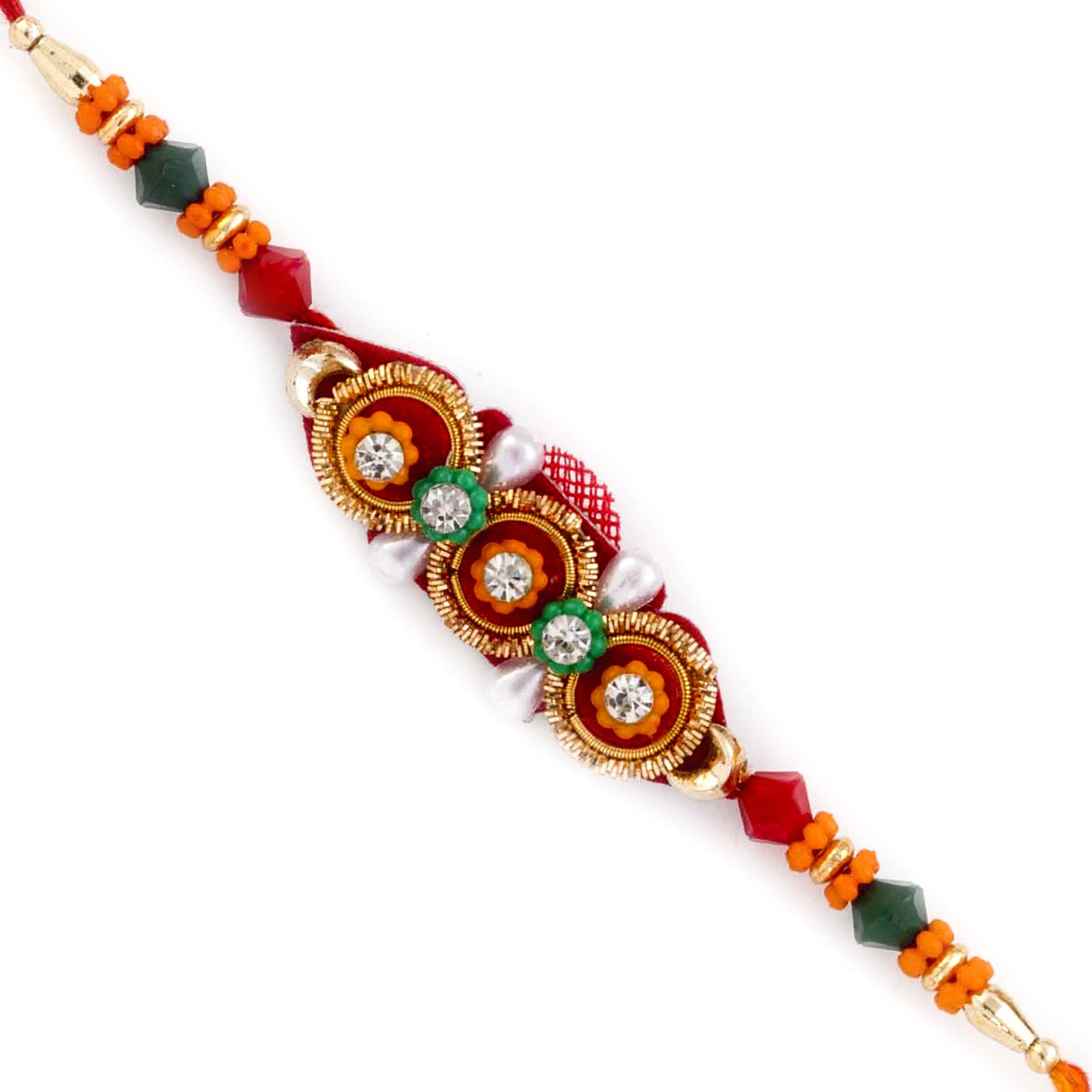 Yellow , White & Golden Beads Mauli Thread Rakhi - Default Title (PRS1741)