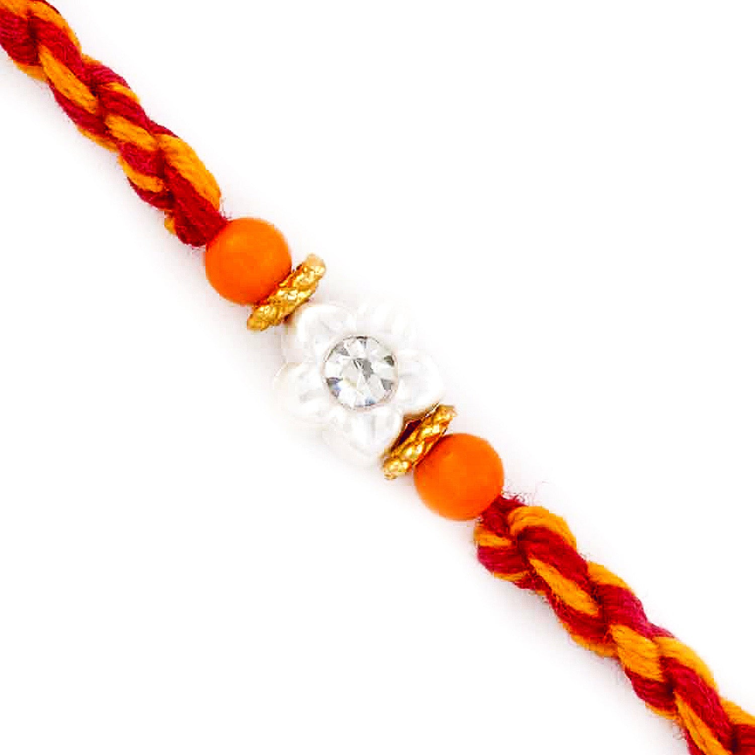 Aapno Rajasthan White Floral Motif Mauli Rakhi with Orange Beads - Default Title (PRS1755)