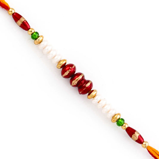 Aapno Rajasthan Maroon & Green Round Beads Studded Thread Rakhi - Default Title (PRS1767)