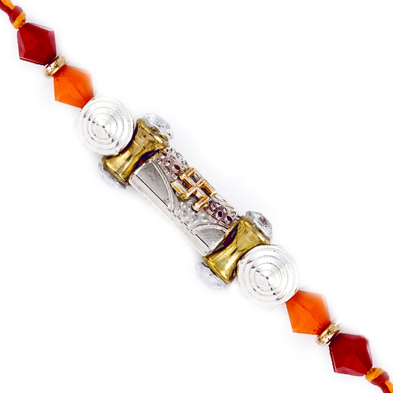 Aapno Rajasthan Orange & Maroon Beads & Swastik Engraved Mauli Thread Rakhi - Default Title (PRS1772)