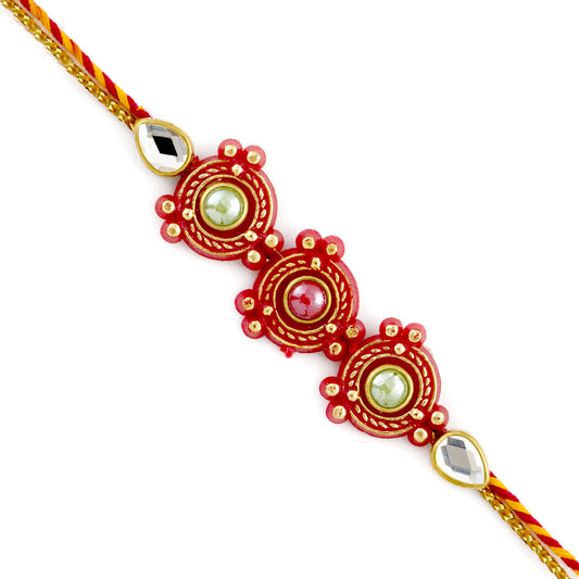 Aapno Rajasthan Pink and Green beads studded Red Rakhi - Default Title (PRS1806)