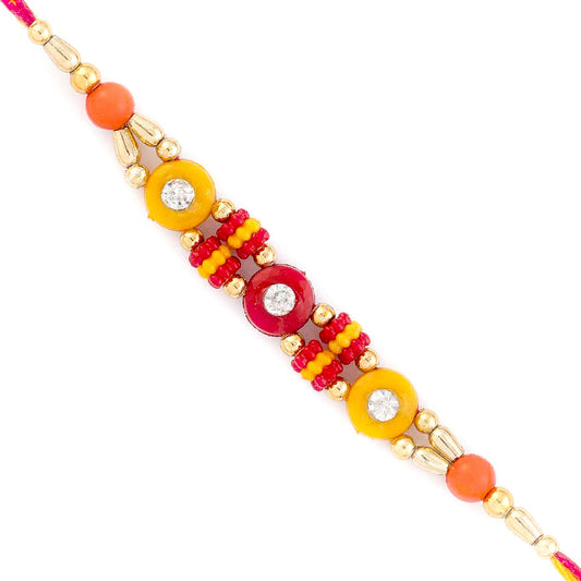 Aapno Rajasthan Red & Yellow Circular Beads Mauli Rakhi with Crystal Stone - Default Title (PRS18405)