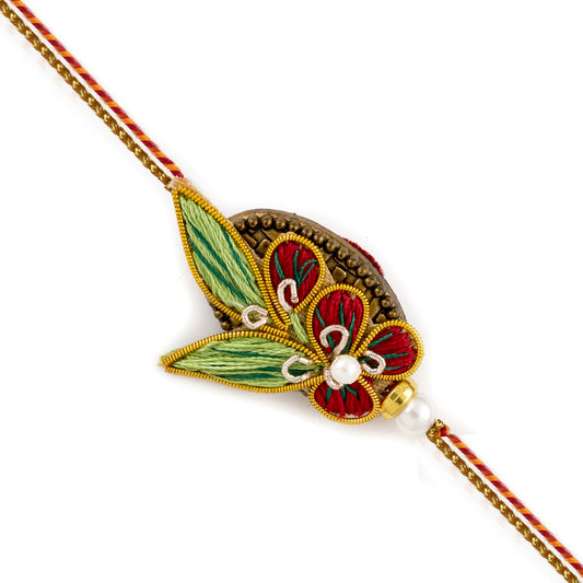 Aapno Rajasthan Elegant Red and Green Flower Design Rakhi with Zardosi work - Default Title (PRS1842)