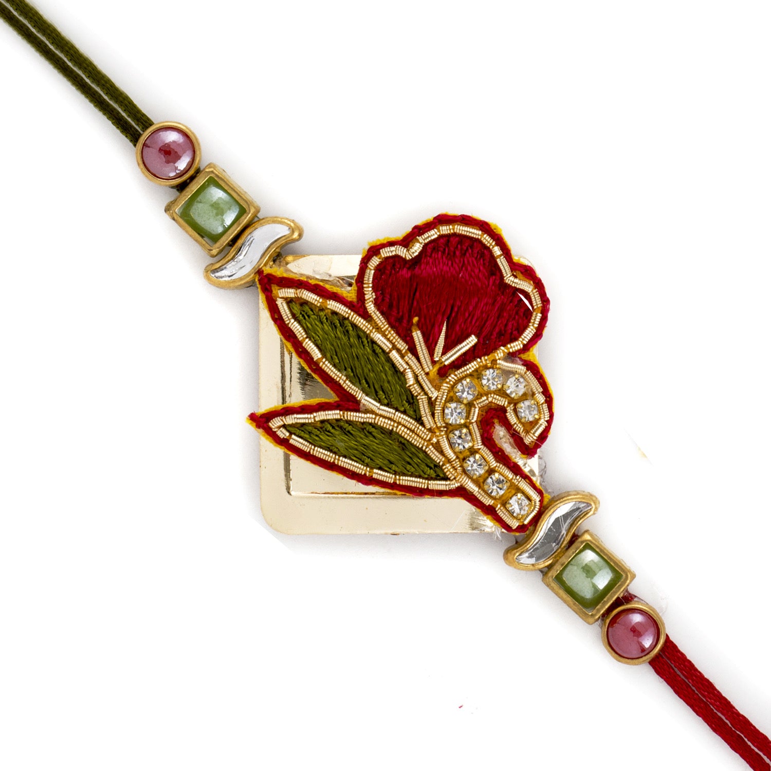 Aapno Rajasthan Green & Red Floral Zardosi Rakhi with Mulitcolour Beads - Default Title (PRS1846)