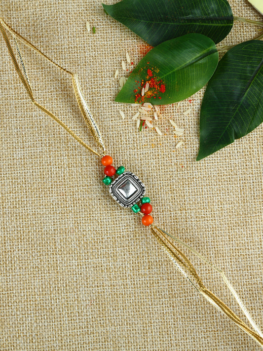 Silver Square and Colorful Beads Handcrafted Rakhi - Default Title (PRS21024)