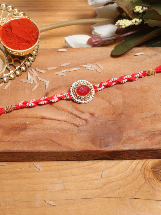 White Beaded Rakhi with Red Stone - Default Title (PRS2173)