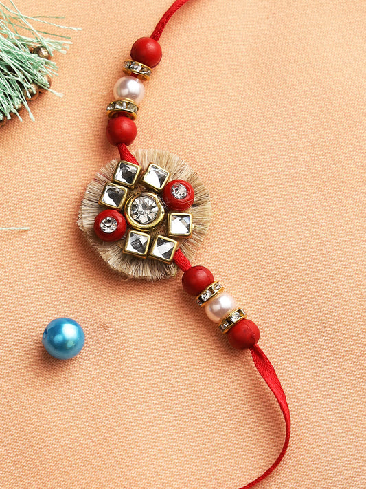 Handcrafted Red Beads Rakhi with Kundan Meena - Only Rakhi (PRS2220)