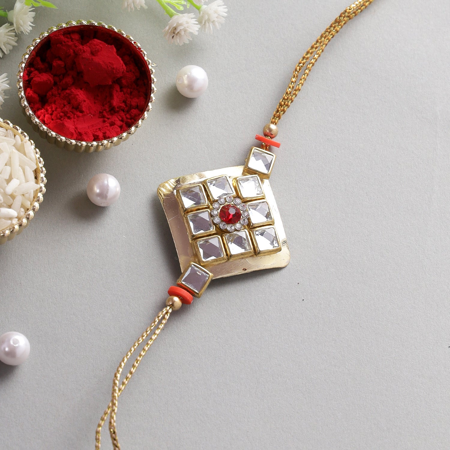 Kundan and Diamond Work Square Shaped Rakhi - Only Rakhi (PRS2225)