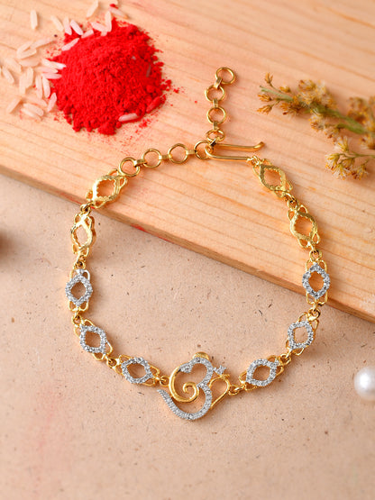 Gold Plated Om Engraved Majestic Bracelet Rakhi - Only Rakhi (PRS23101)