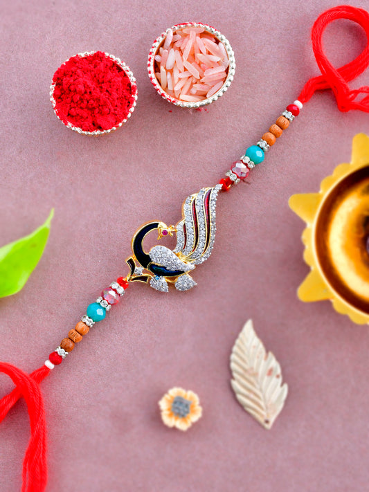 American Diamond Touched Peacock Patterned Whimsical Rakhi - Only Rakhi (PRS23105)