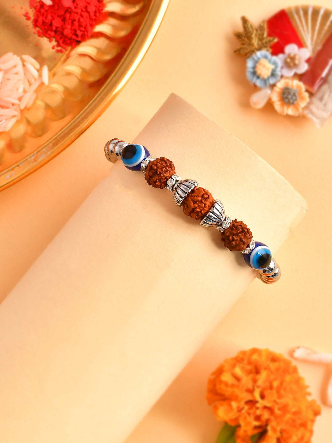 Rudrakh & Evil Eye Woven Enchanted Silver Rakhi - Only Rakhi (PRS23111)