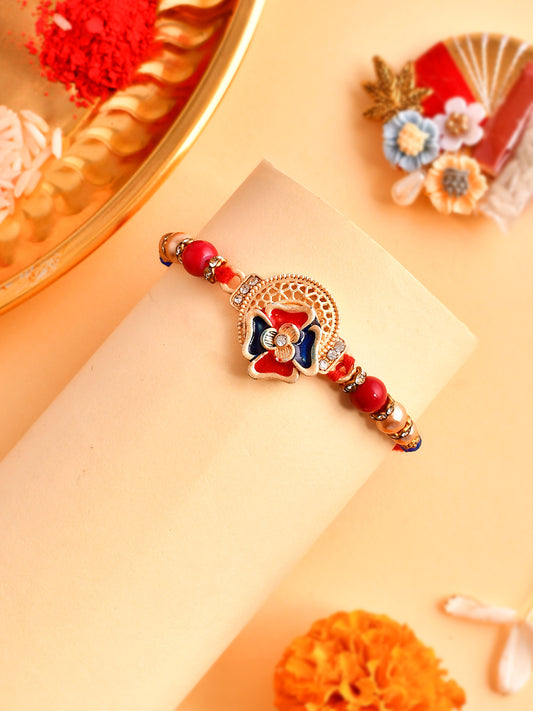 Metal Painted & Embellished Red & Blue Elegant Rakhi - Only Rakhi (PRS23113)