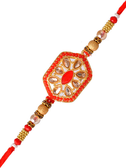 Red Ruby Engraved Elegant Golden Metallic Rakhi - Only Rakhi (PRS23116)