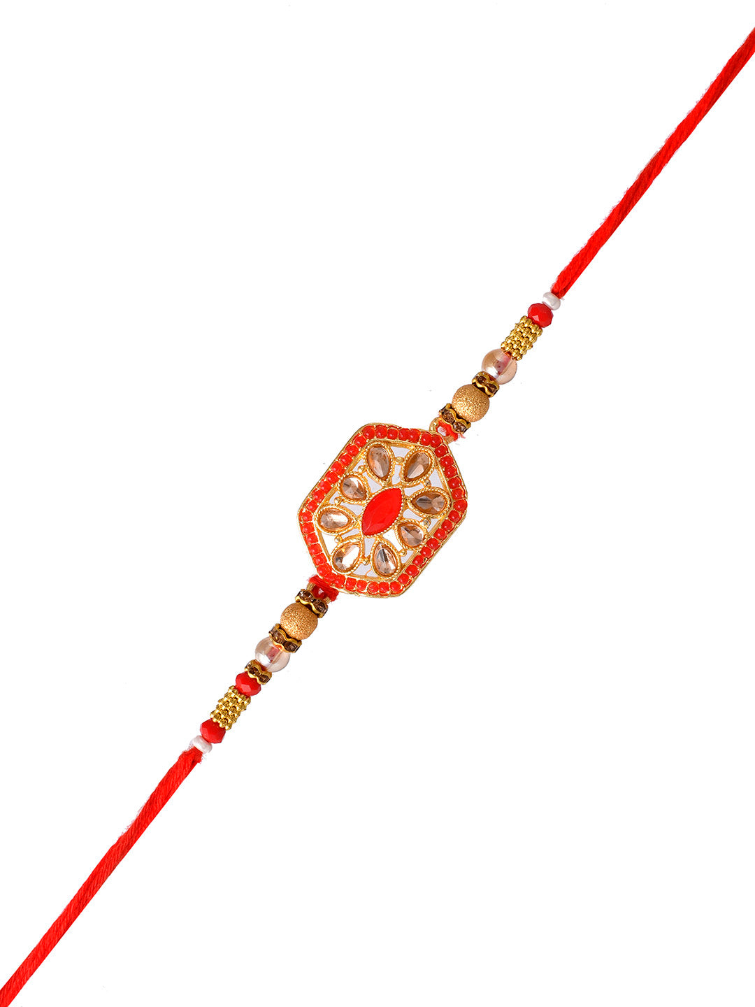 Red Ruby Engraved Elegant Golden Metallic Rakhi - Only Rakhi (PRS23116)