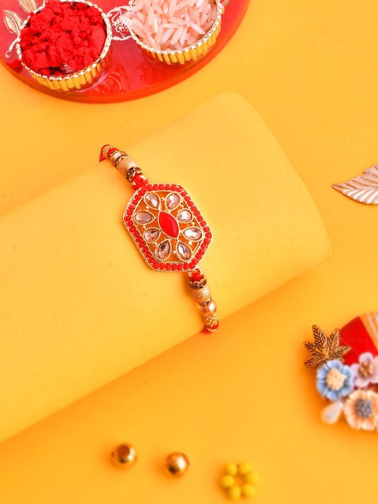 Red Ruby Engraved Elegant Golden Metallic Rakhi - Only Rakhi (PRS23116)