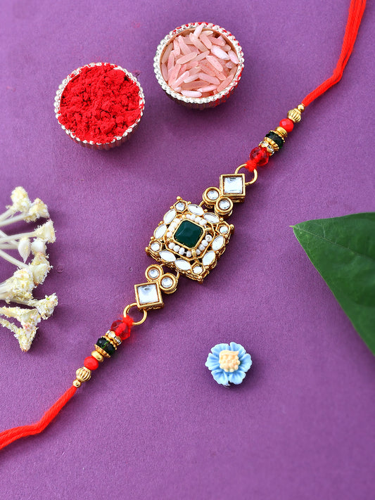Mirror & Kundan Embellished Royal Emerald Rakhi - Only Rakhi (PRS23119)