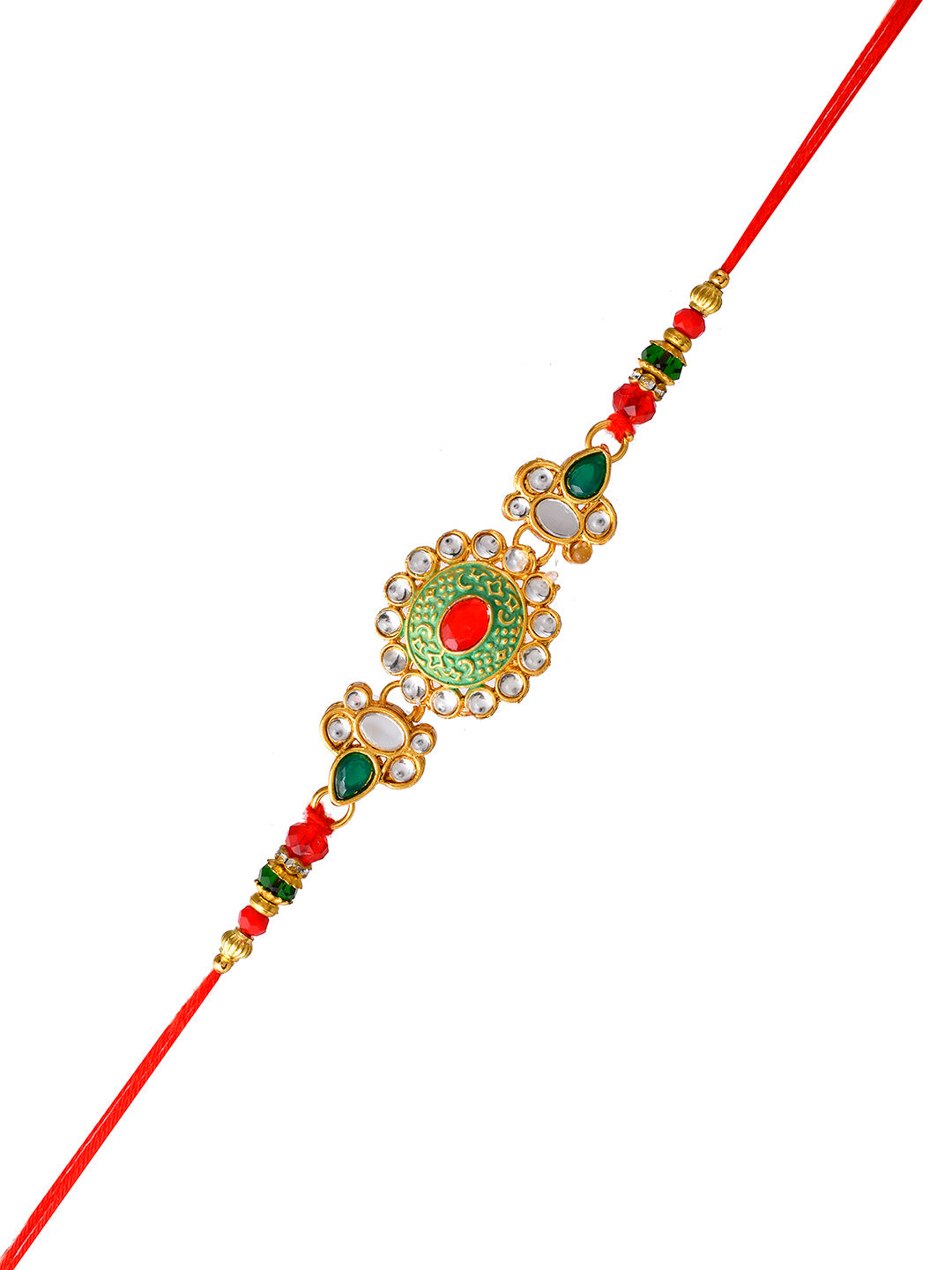 Kundan Polki Handcrafted Traditional Green Rakhi - Only Rakhi (PRS23121)