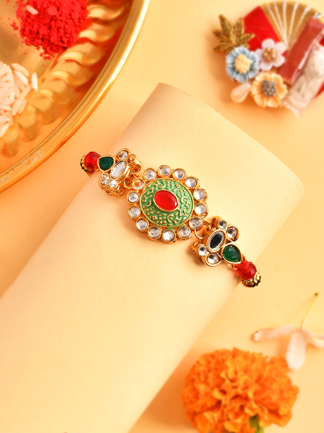 Kundan Polki Handcrafted Traditional Green Rakhi - Only Rakhi (PRS23121)