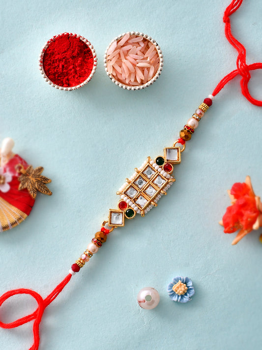 Mirror & Pearl Embellished Royal Red Rakhi - Only Rakhi (PRS23122)