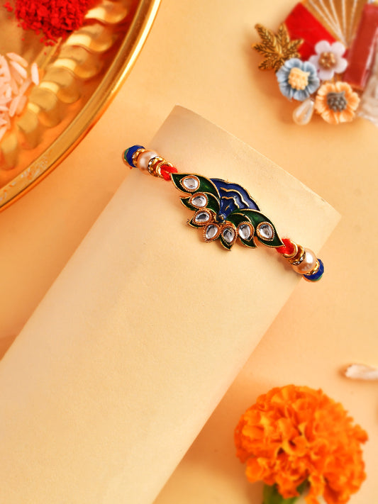 Peacock Enamled Handcrafted Rakhi with Studded Kundan - Only Rakhi (PRS23127)