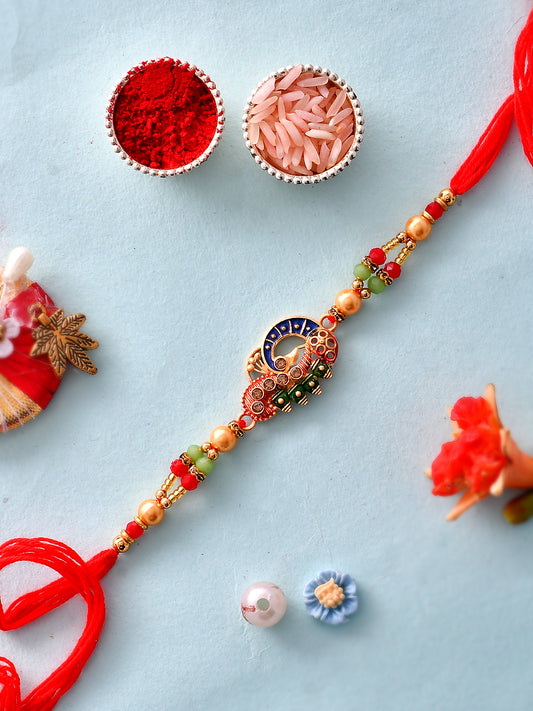 Metal Cutwork Peacock Patterned Multi-Coloured Rakhi - Only Rakhi (PRS23128)