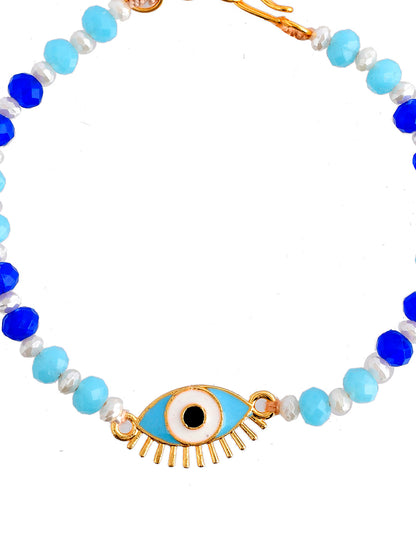Enameled Shades of Blue Evil Eye Beaded Bracelet Rakhi - Only Rakhi (PRS23132)