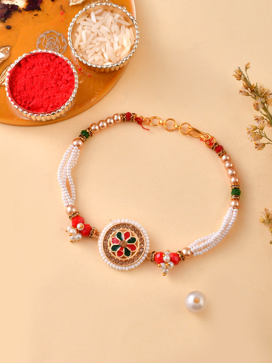 Pearl & Kundan Woven Charming Traditional Bracelet Rakhi - Only Rakhi (PRS23139)