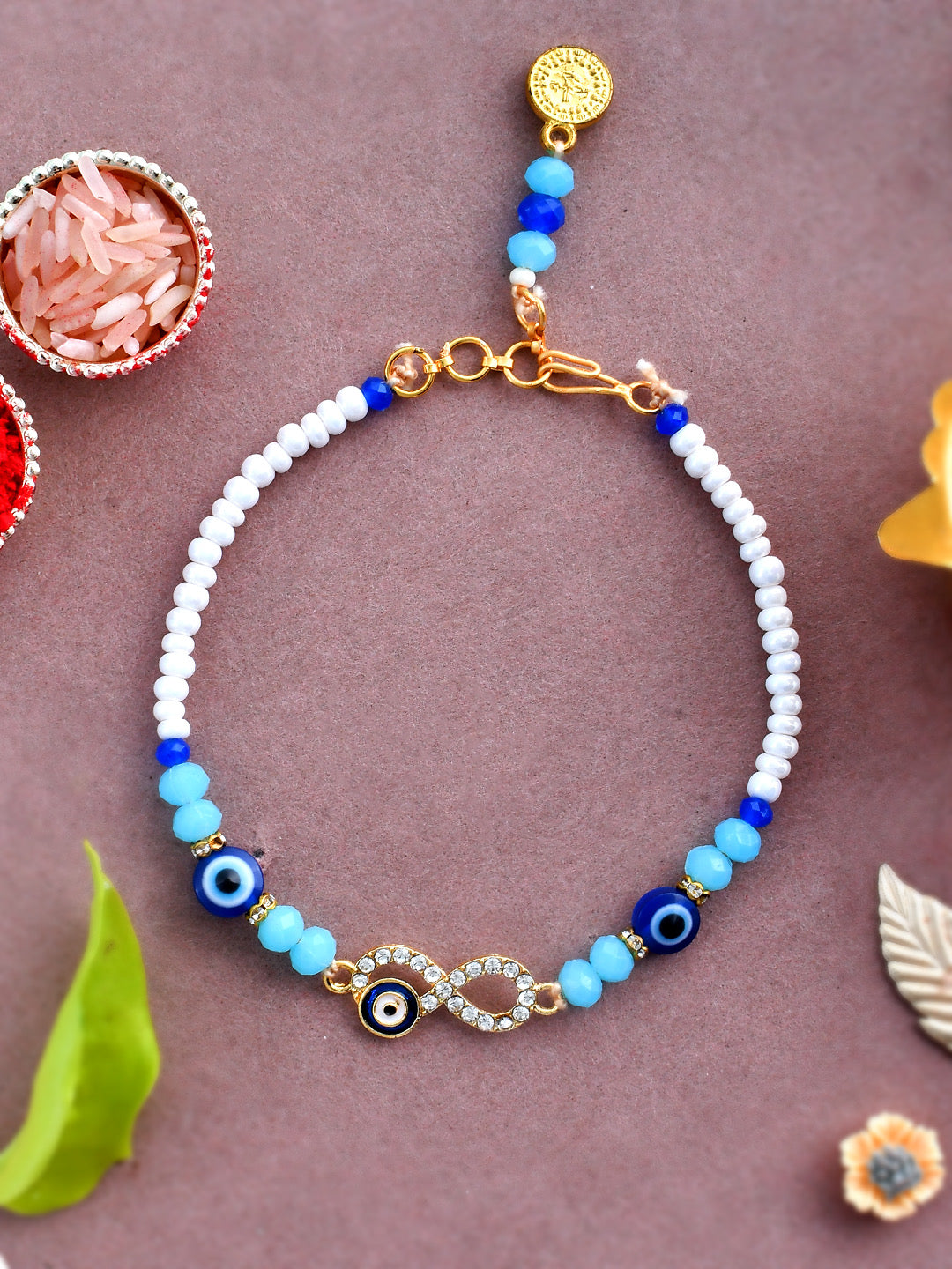 Infinity Evil Eye & Beaded Dazzling Pearl Bracelet Rakhi - Only Rakhi (PRS23148)