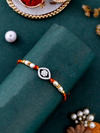 Floral American Diamond Studded Exquisite Pearl Braided Rakhi - Only Rakhi (PRS23171)