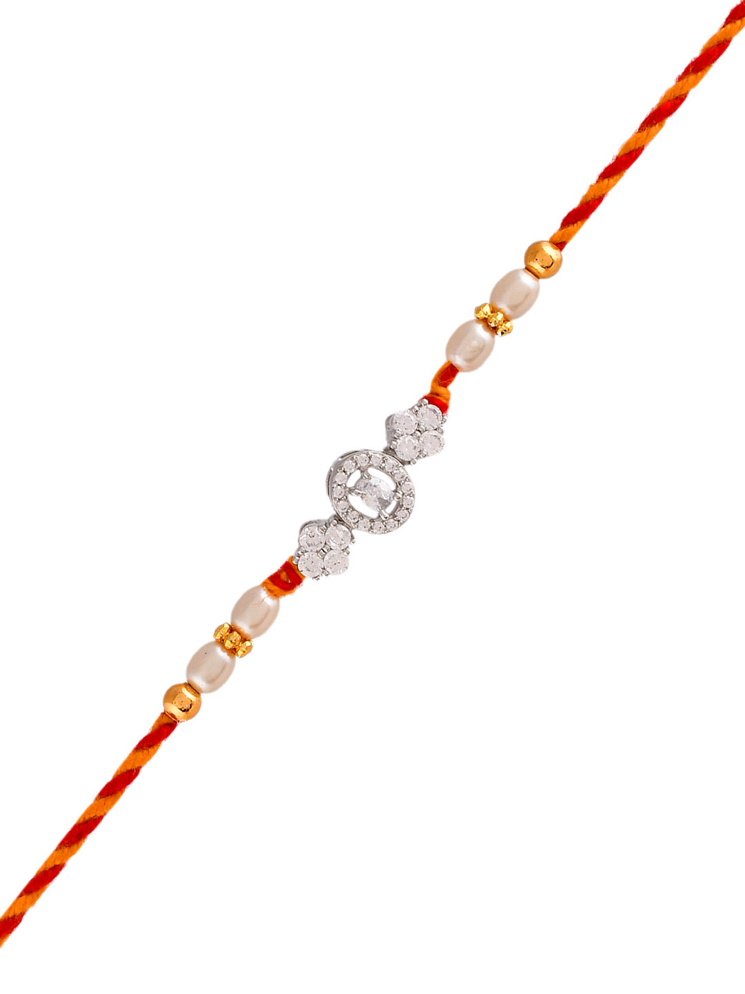 AD Element Braided & Pearl Studded Sparkling Patterned Silver Rakhi - Only Rakhi (PRS23176)