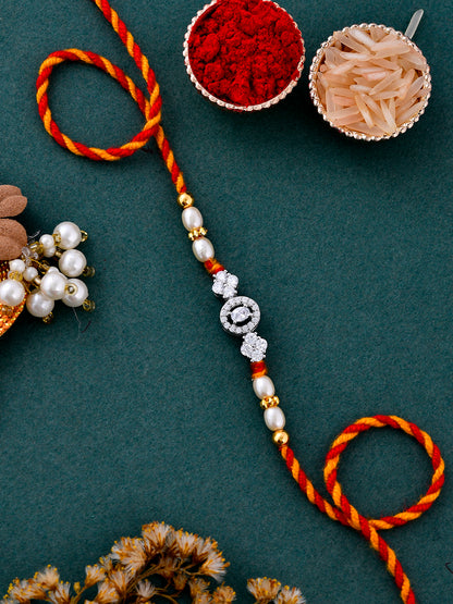 AD Element Braided & Pearl Studded Sparkling Patterned Silver Rakhi - Only Rakhi (PRS23176)