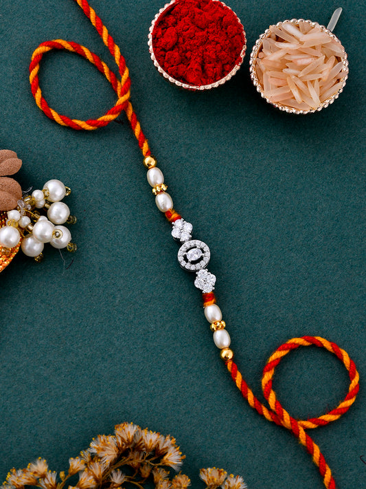 AD Element Braided & Pearl Studded Sparkling Patterned Silver Rakhi - Only Rakhi (PRS23176)