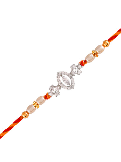 American Diamond Studded Exquisite Braided Leaf Shape Silver Rakhi - Only Rakhi (PRS23178)