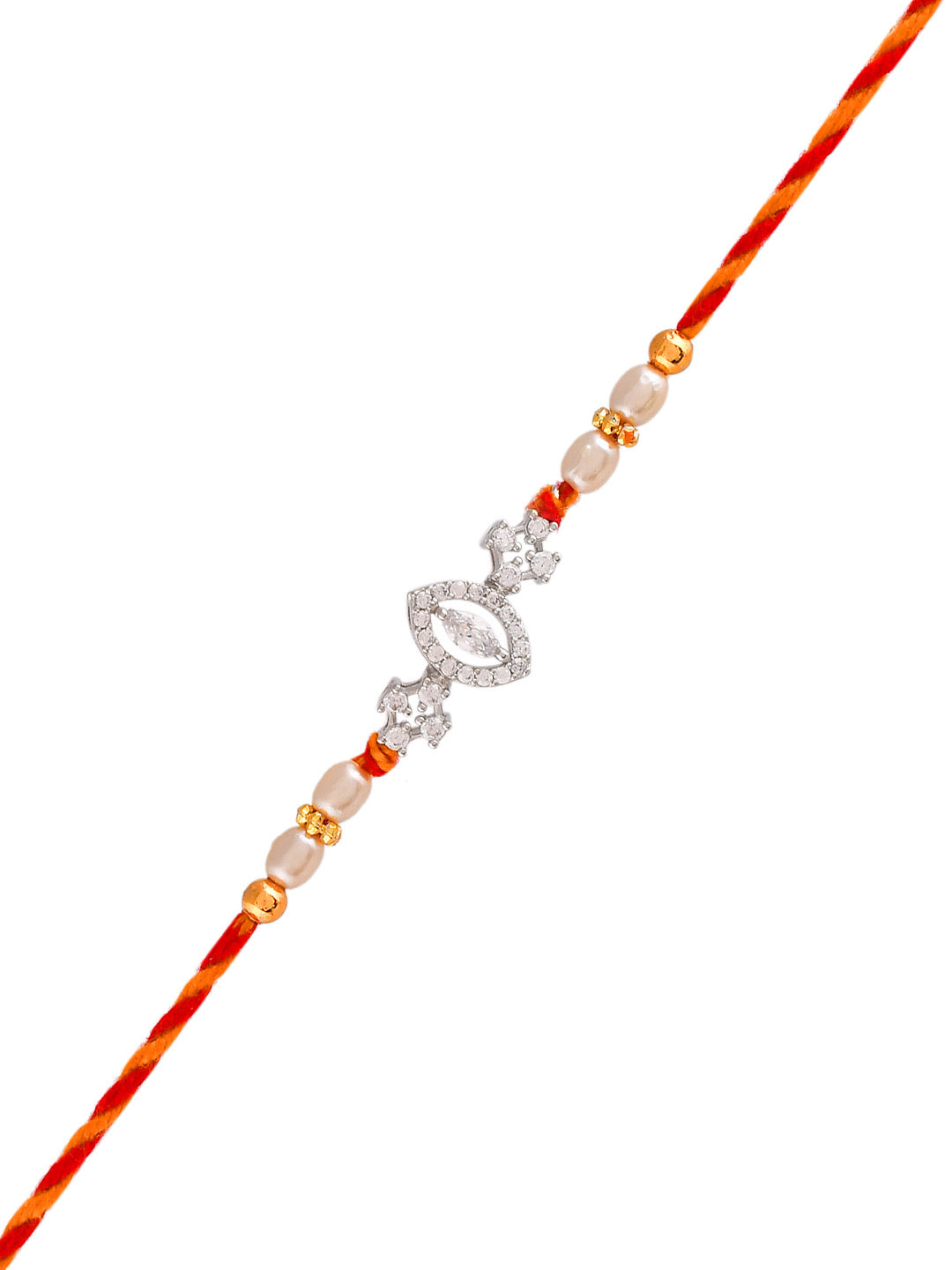 American Diamond Studded Exquisite Braided Leaf Shape Silver Rakhi - Only Rakhi (PRS23178)