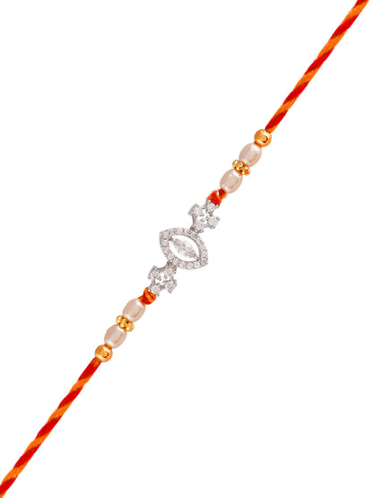 American Diamond Studded Exquisite Braided Leaf Shape Silver Rakhi - Only Rakhi (PRS23178)