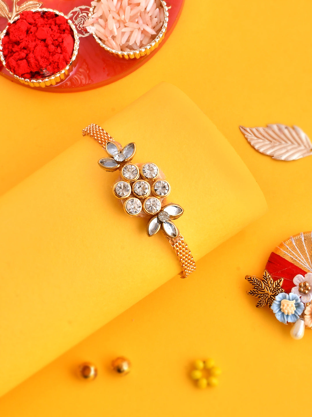 Kundan & Stones Embellished Charming Floral Bracelet Rakhi - Only Rakhi (PRS2354)