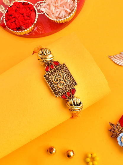 Antique Golden Carved Embellished OM Rakhi - Only Rakhi (PRS2358)