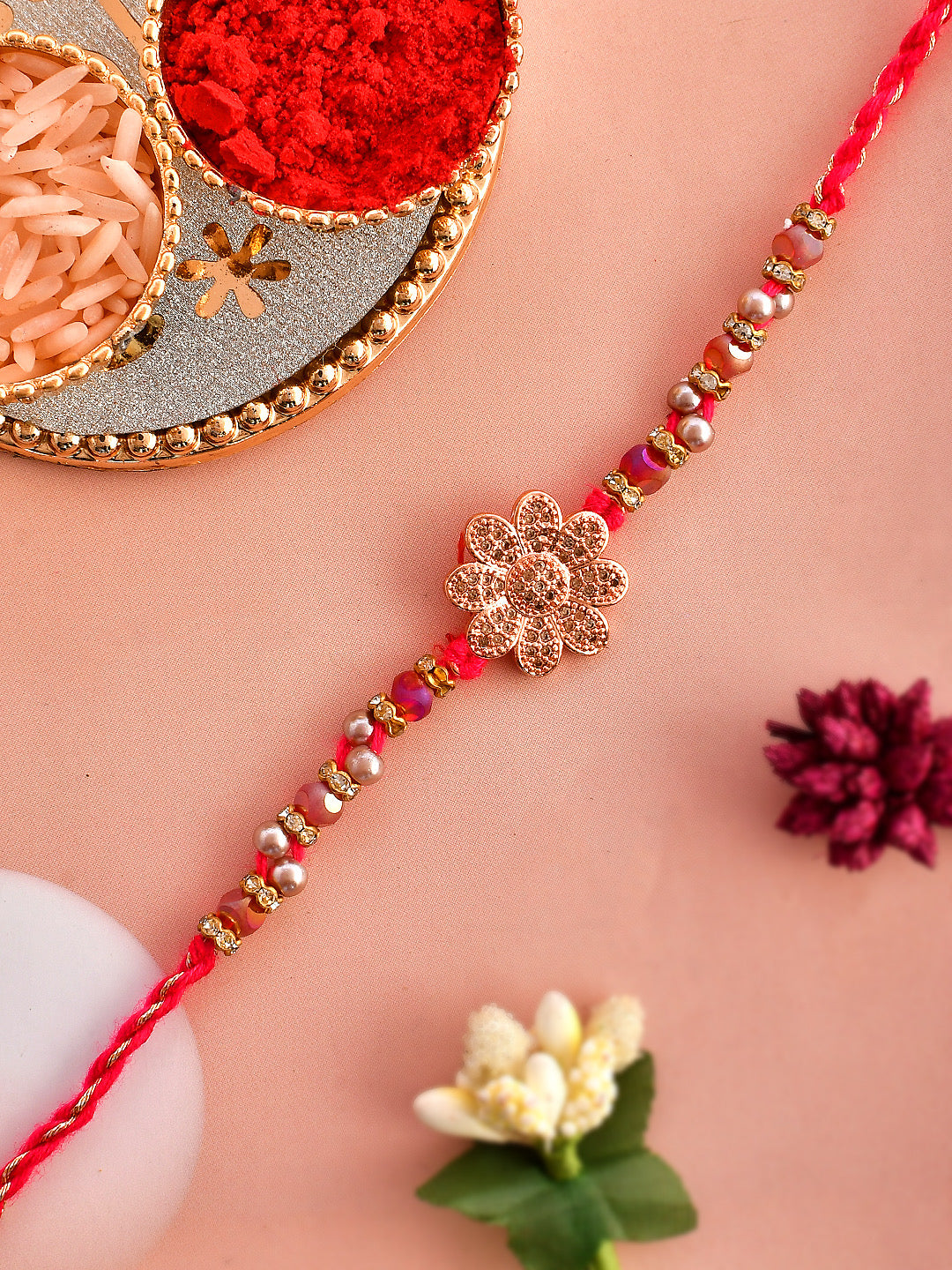 Floral Shaped Metallic Golden Rakhi - Only Rakhi (PRS2372)