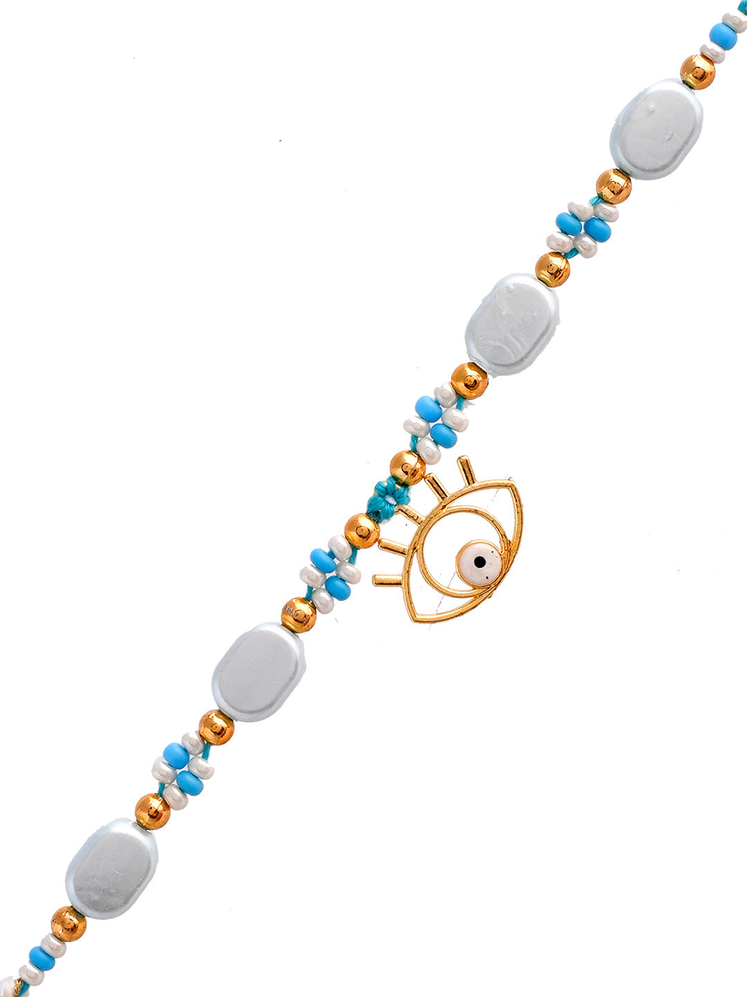 Golden Evil Eye Elemented Beaded Blue Rakhi - Only Rakhi (PRS2377)