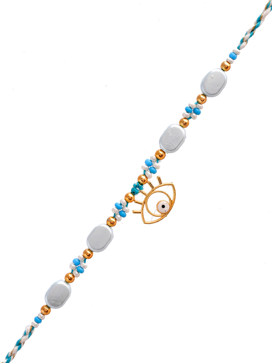 Golden Evil Eye Elemented Beaded Blue Rakhi - Only Rakhi (PRS2377)